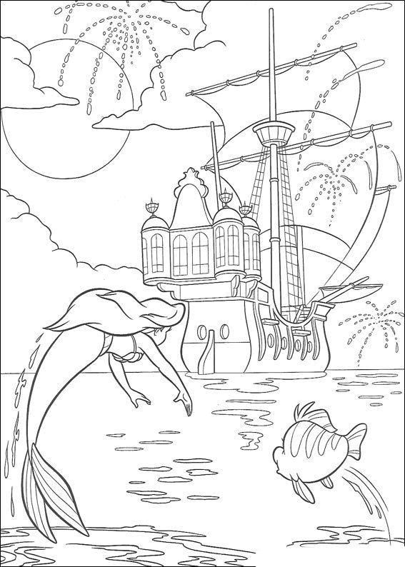 coloriage Arielle la petite sirene poursuit le bateau du prince